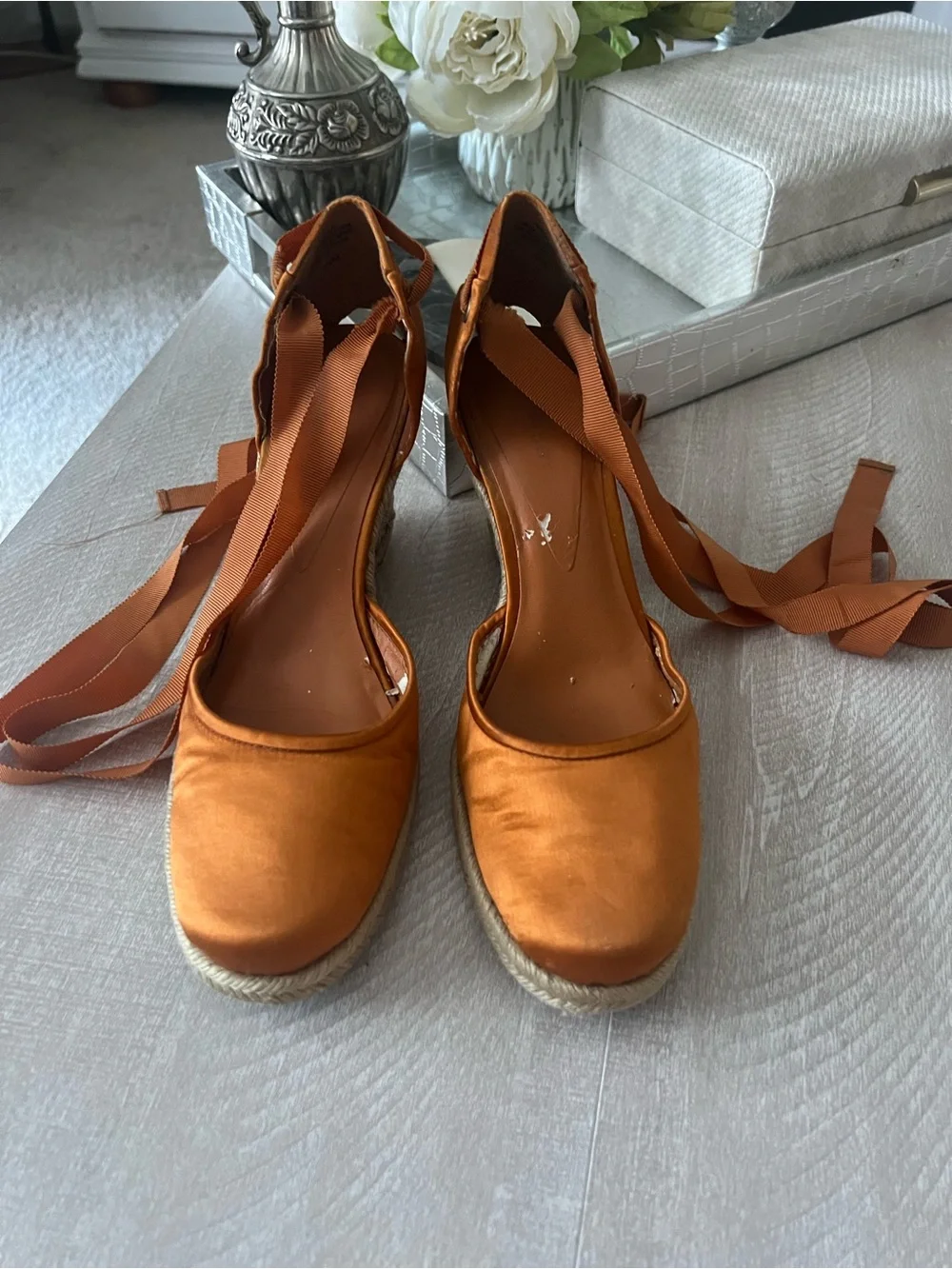 Nine West Orange Satin Espadrille Wedge Sandals with Ankle Wrap